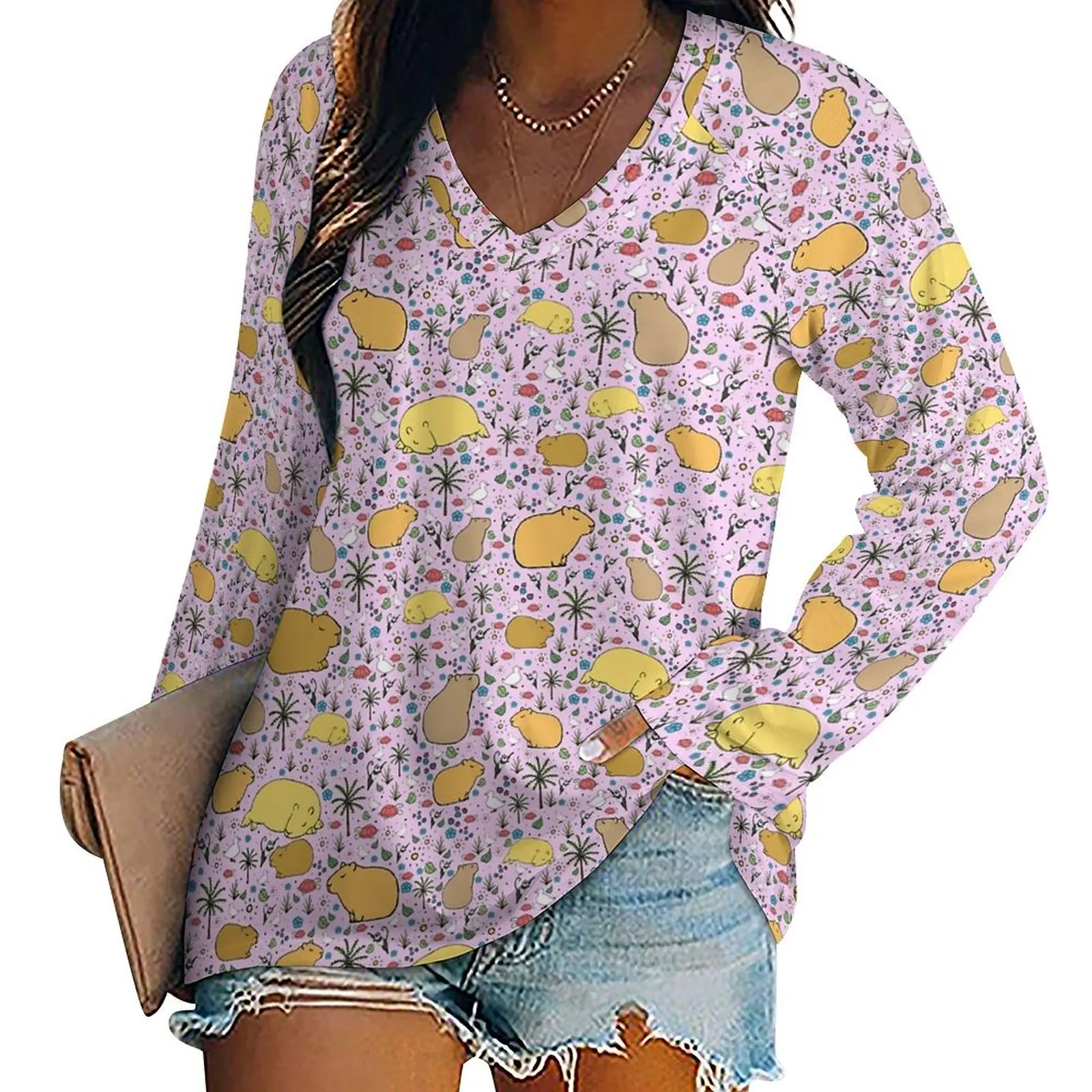 Unusual T-shirts for Women Long Sleeve Loose Tee Sexy Kawaii Capybaras in Pink Printed T-shirt
Unusual T-shirts for Women Long Sleeve Loose Tee Sexy Kawaii Capybaras in Pink Printed T-shirt