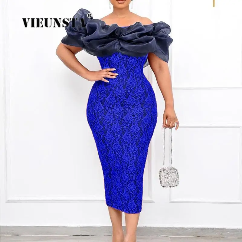 

Vintage Lace Crochet Slim Fit Dresses Sexy Women Off Shoulder Banquet Party Dress 2024 Lady Mesh Slash Neck Patchwork Maxi Dress