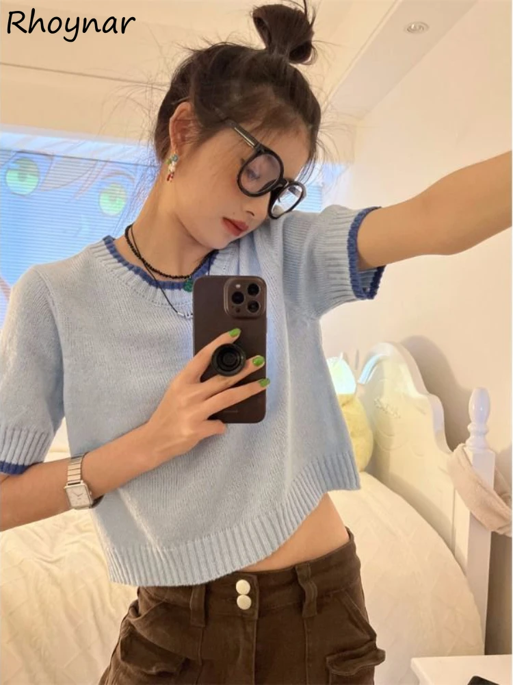 

Patchwork T-shirts Women Summer Knitted All-match Sweet Tender Chic Crop Tops Korean Style Slim Cozy Sexy Young Leisure Simple