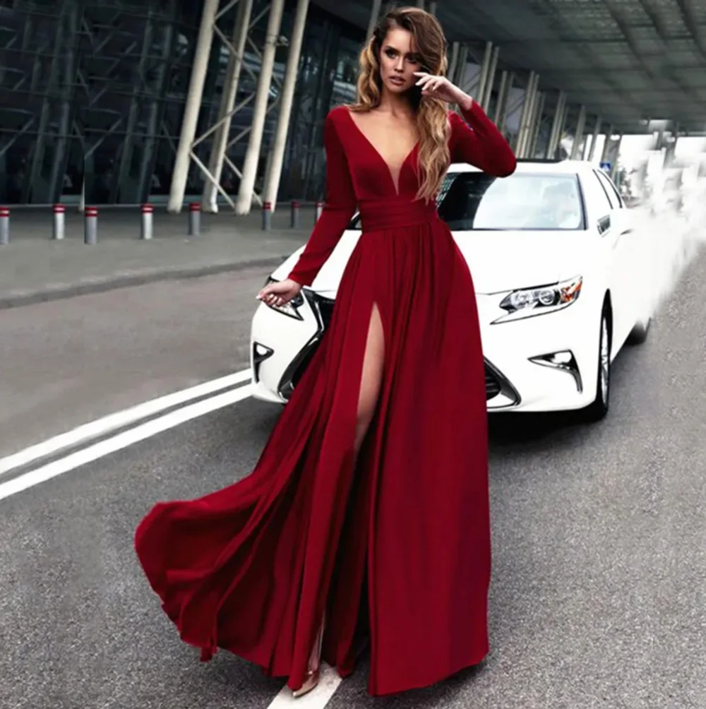 Sexy Red Backless A Line Prom Party Gown V-Neck Long Sleeve Floor-Length Sweep Train Satin long Thigh-High Slits Custom
Sexy Red Backless A Line Prom Party Gown V-Neck Long Sleeve Floor-Length Sweep Train Satin long Thigh-High Slits Custom