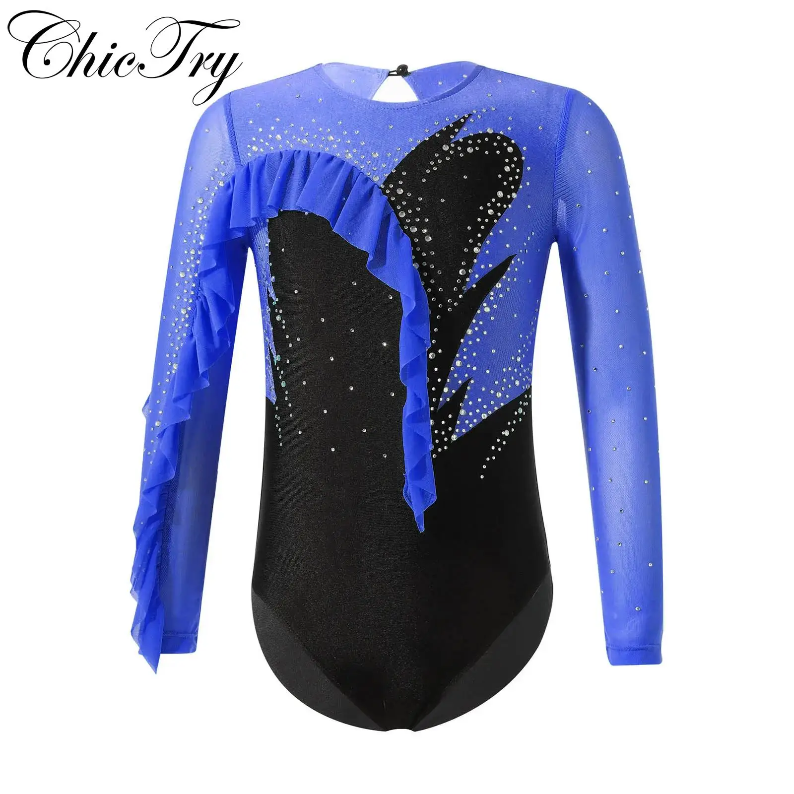 

Kids Girls Gymnastics Dance Leotards Long Sleeve Ballet Dance Bodysuit Ruffle Edge Hollow Back Figure Ice Skating Stage Costume