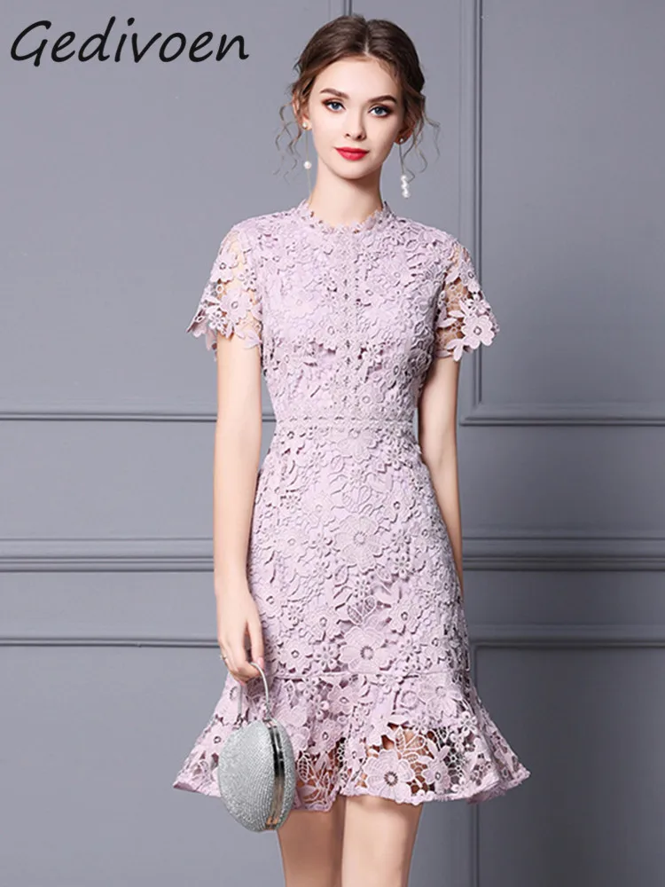 Gedivoen Summer Fashion Designer Lace Dress Women's O-Neck Embroidery Hollow Out Elegant Pink Package Buttock Mermaid Midi Dress
Gedivoen Summer Fashion Designer Lace Dress Women's O-Neck Embroidery Hollow Out Elegant Pink Package Buttock Mermaid Midi Dress
