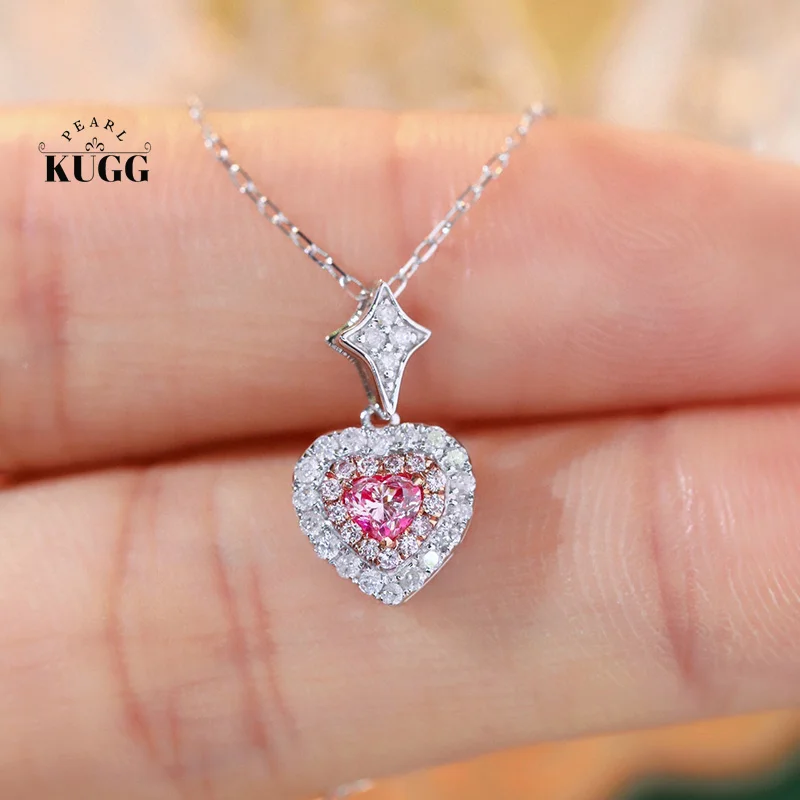 

Ожерелье KUGG из белого золота 18 карат, романтичное ожерелье с подвеской в форме сердца, в стиле INS, подвеска из настоящего натурального розового бриллианта для женщин, подарок на день рождения