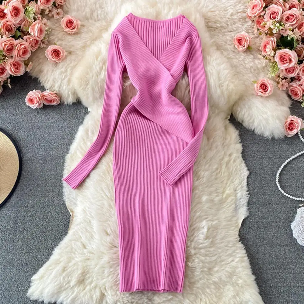 

Women Fall Spring Dress Knitted V Neck Skinny Elastic Striped Vintage Solid Color Tight Waist Anti-shrink Long Sleeve Midi Sheat