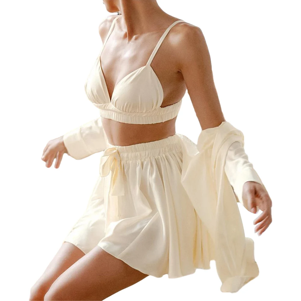 Sexy Women Pajamas 3 Pieces Ruched Robe Shorts Skirts Sleepwear Sets Low Cut Bra Loose Nightgowns Solid Erotic Nightwear
Sexy Women Pajamas 3 Pieces Ruched Robe Shorts Skirts Sleepwear Sets Low Cut Bra Loose Nightgowns Solid Erotic Nightwear