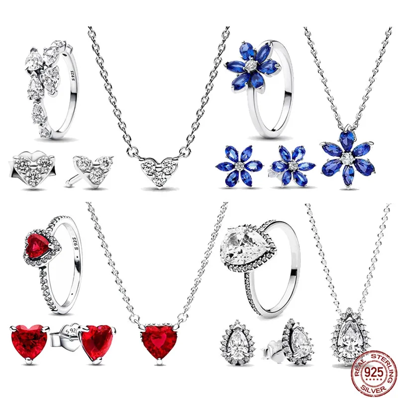 

Hot selling charm jewelry set 925 sterling silver classic hearts droplets shape snowflake necklace ring earring fit DIY gifts