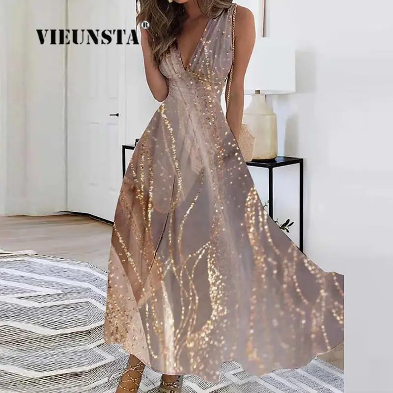 Elegant Deep-V Commute Temperament Ladies Dress Fashion Print Waisted A-Line Long Dress Women Summer Sleeveless Party Dress 2023
Elegant Deep-V Commute Temperament Ladies Dress Fashion Print Waisted A-Line Long Dress Women Summer Sleeveless Party Dress 2023