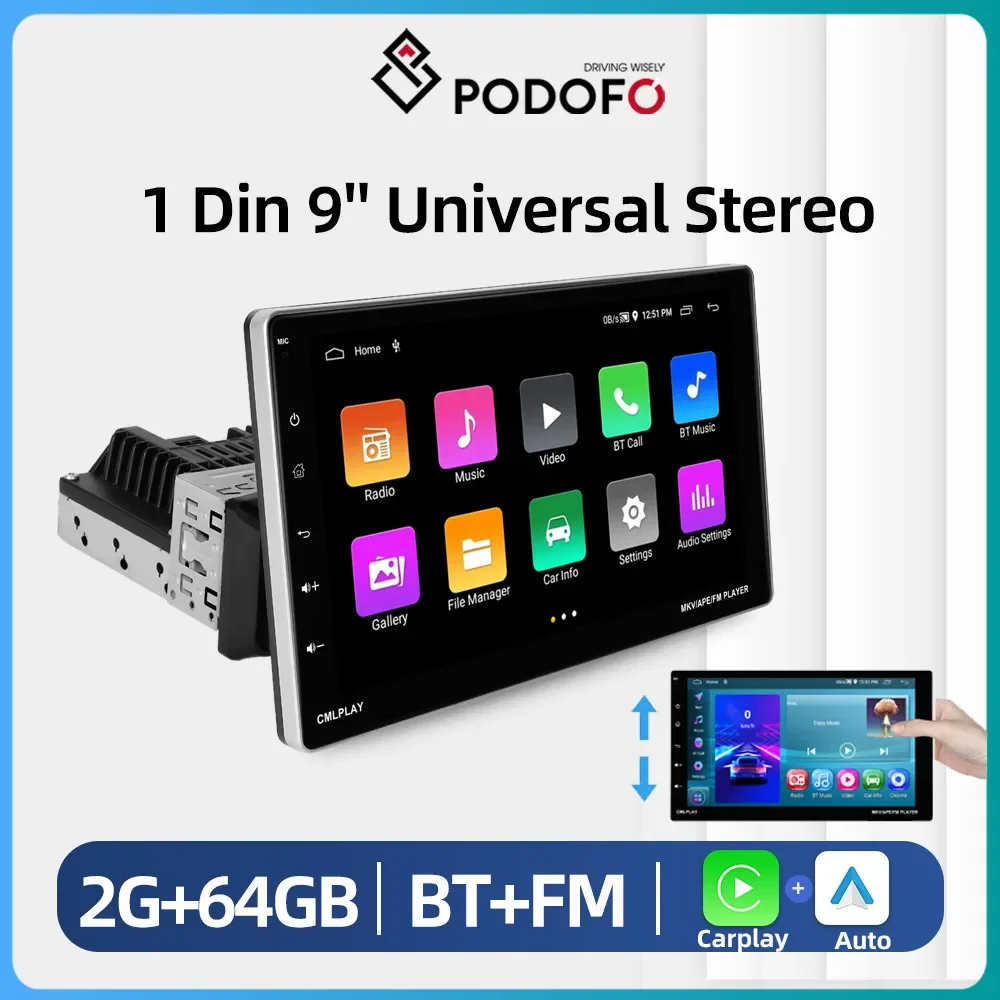 

Podofo Universal Car Multimedia Player Stereo Radio Carplay Android GPS Navigation WiFi FM 9" Touch Screen 1Din No DVD Head Unit