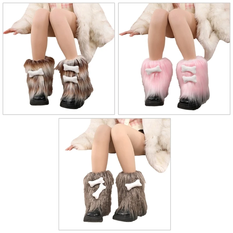 

Women Girls Japanese Furry Plush Short Leg Warmer Sock Winter Warm 3D Bone Anime Fuzzy Boot Cuffs Leg Cover