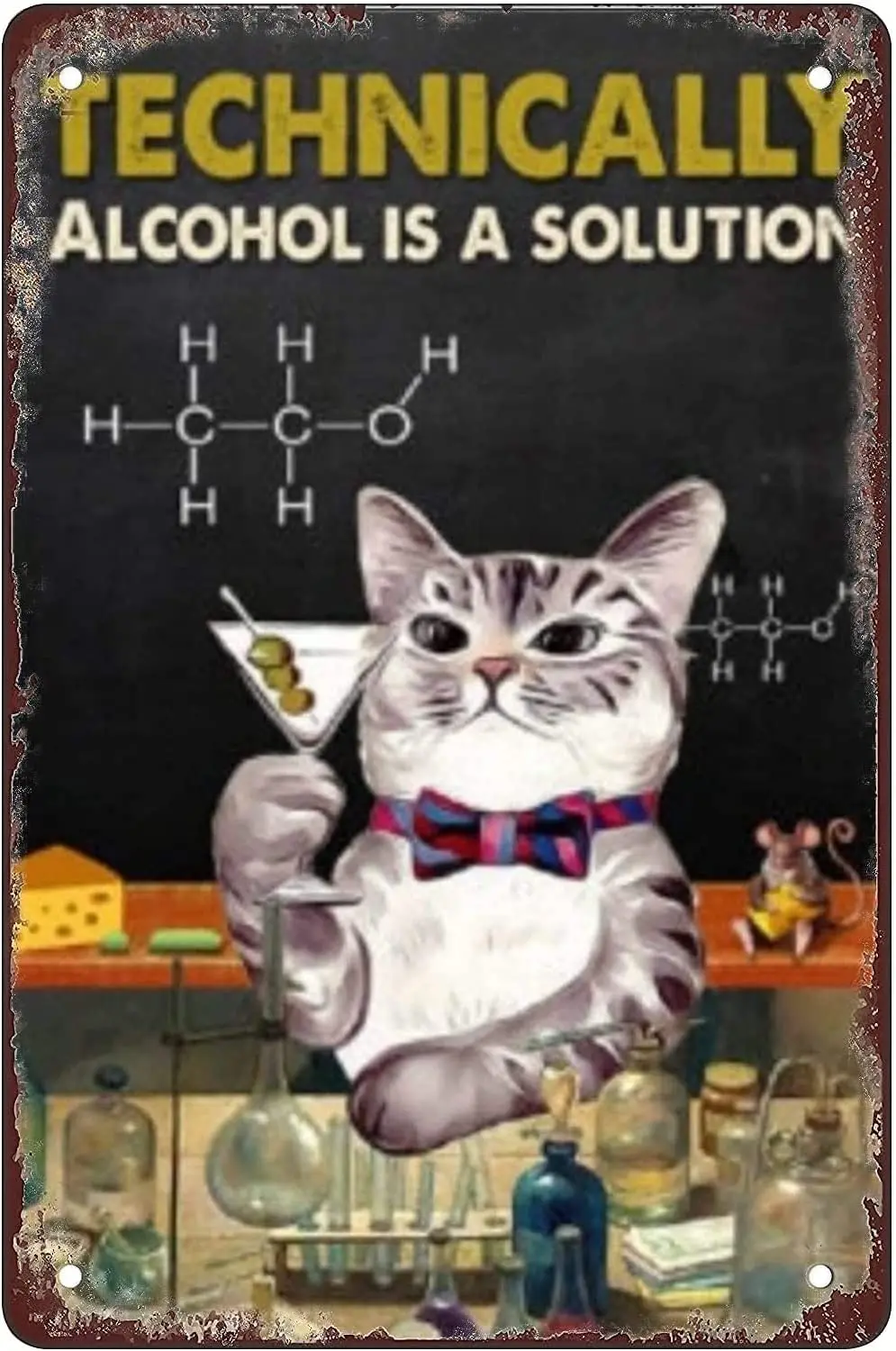 

Технически Алкоголь-это решение, кошка, забавные жестяные фотообои, Декор для дома, искусство, постер, винтажное украшение для стен в кафе