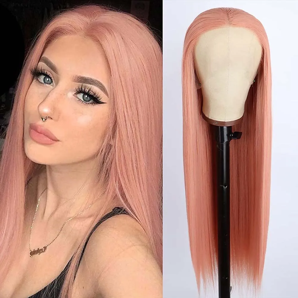 

FANXITION Salmon Pink Long Silky Straight Wigs Synthetic Lace Front Wigs with Middle Part Natural Hairline Halloween Party Use