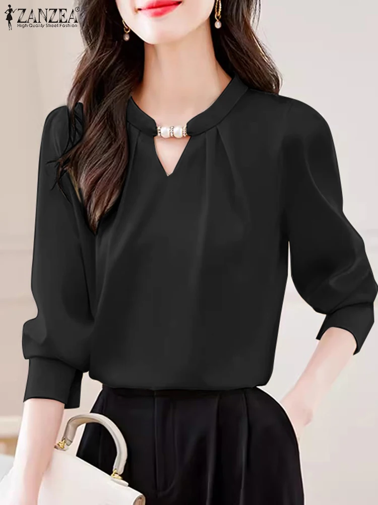 

Женские рубашки с длинным рукавом ZANZEA, Элегантная блузка 2024, модные офисные Элегантные повседневные топы с бисером, однотонные атласные Блузы