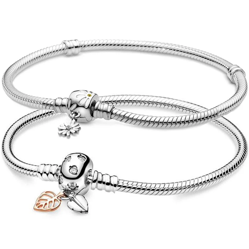 

Original Moment Leaves Daisy Flower Clasp Snake Chain Bracelet Fit 925 Sterling Silver Bead Charm Bangle Europe Diy Jewelry