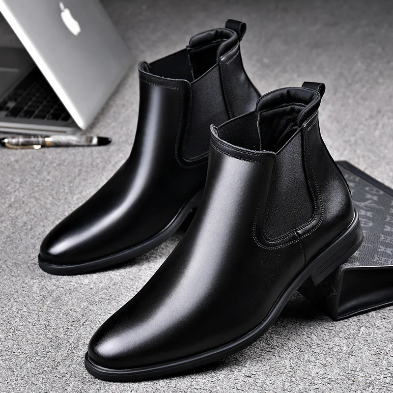 

men casual original leather boots pointed toe shoes black brown cowboy ankle boot party banquet dress handsome chelsea botas man