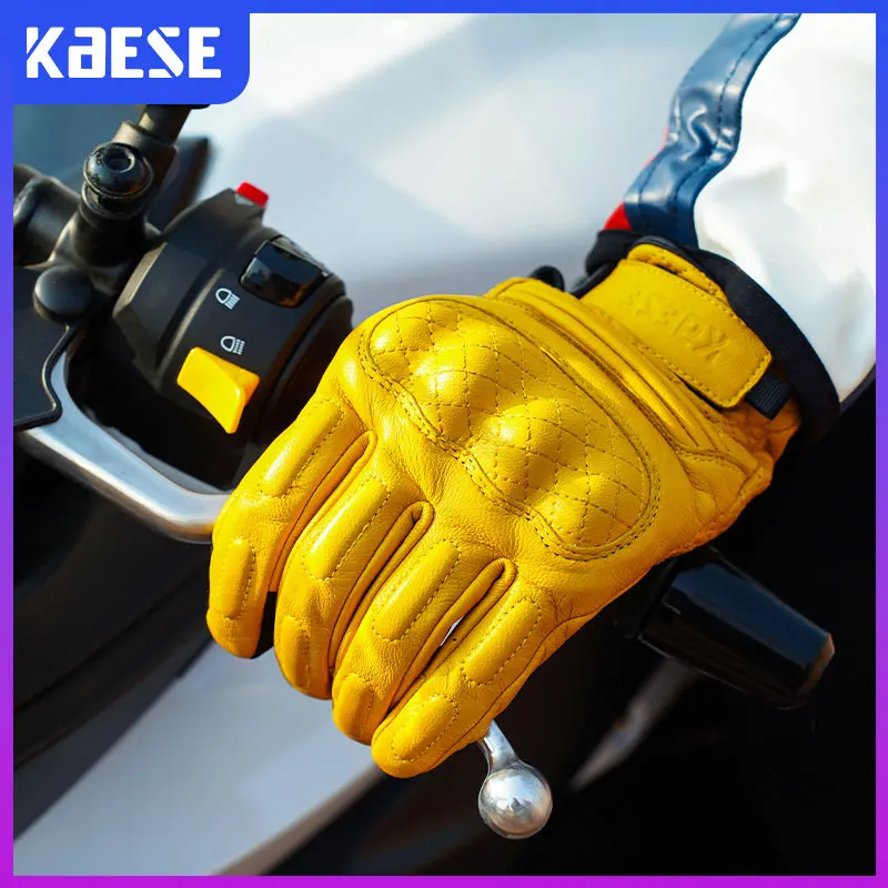 

Men Women Motorcycle Gloves Leather Retro Yellow Motocross Gloves Touchscreen Goatskin Moped Riding Gloves Fist Joint Protect