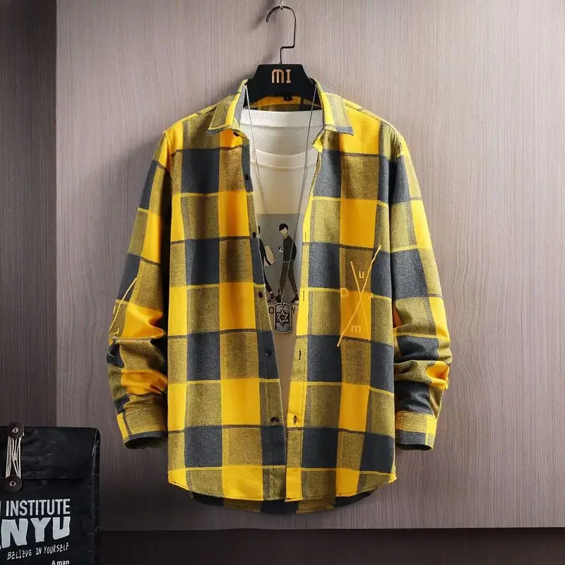 

2023 Spring and Autumn Men's Lapel Loose Plaid Button Printed Pocket Casual Fashion Elegant Commuting Long sleeved Shirt