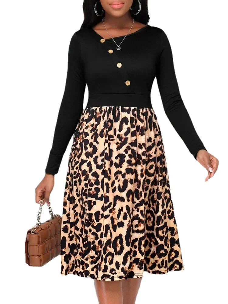 Women's Long Sleeved Leopard Print Dress, Fashionable Midi Robe, Button Design, Casual, Autumn, Female, 2023
Women's Long Sleeved Leopard Print Dress, Fashionable Midi Robe, Button Design, Casual, Autumn, Female, 2023