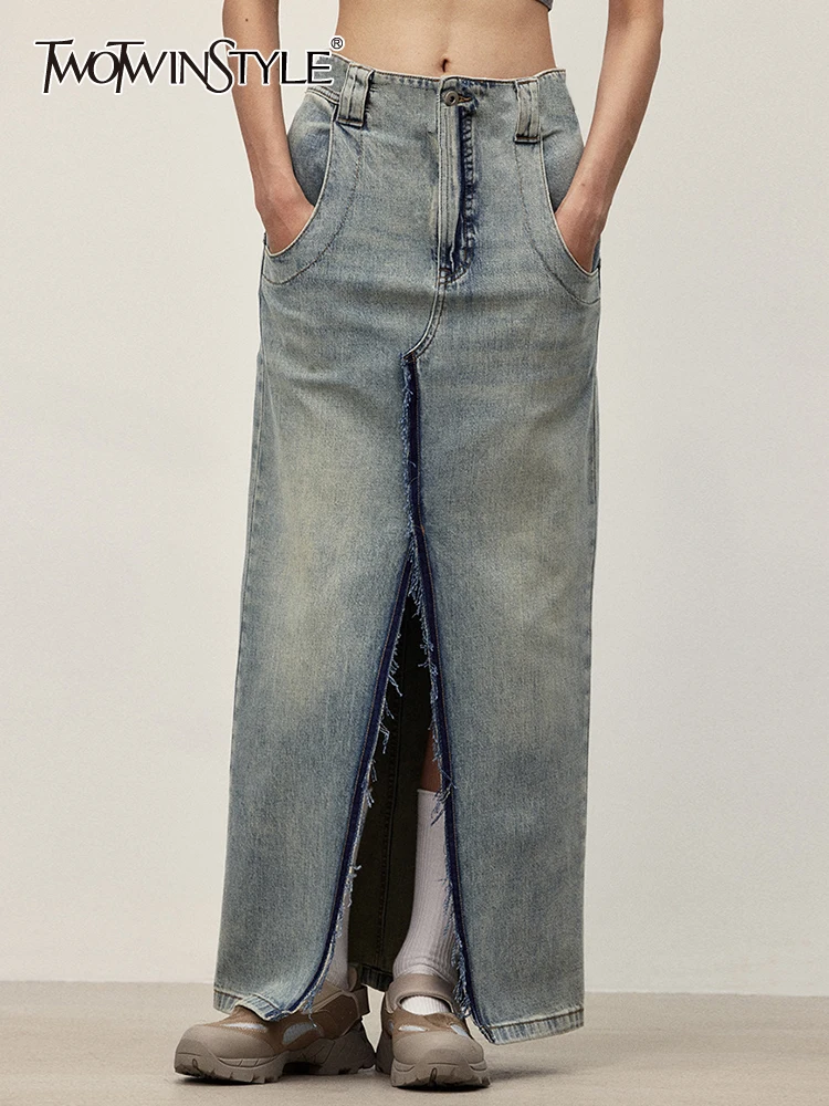 TWOTWINSTYLE Denim Split Skirts For Women High Waist Patchwork Pockets Minimalist Temperament Skirt Female Fashion Style Clothes
TWOTWINSTYLE Denim Split Skirts For Women High Waist Patchwork Pockets Minimalist Temperament Skirt Female Fashion Style Clothes