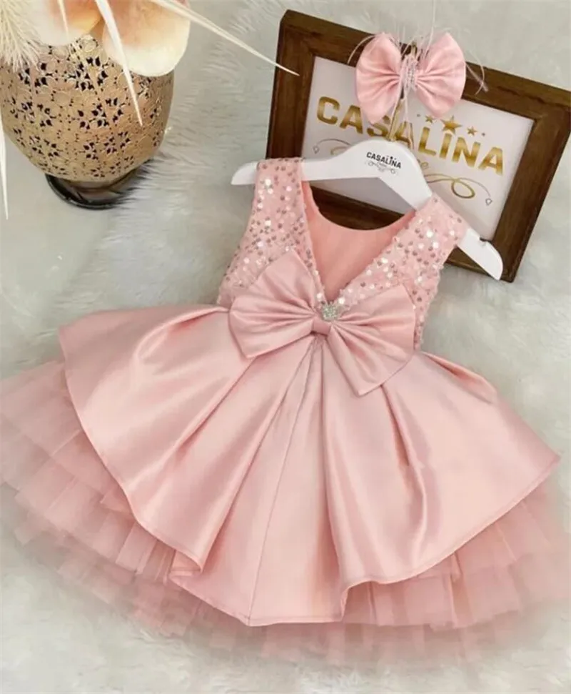 

Pink Fluffy Tulle Satin Baby Girl Dress with Big Bow Sequined Toddler Infant First Birthday Party Gown 12M 18M 24M
