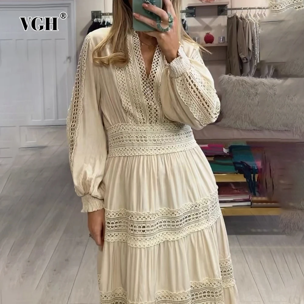 

VGH Solid Hollow Out Patchwork Lace Dresses For Women V Neck Lantern Sleeve High Waist Spliced Zipper Long Dress Female Fashion