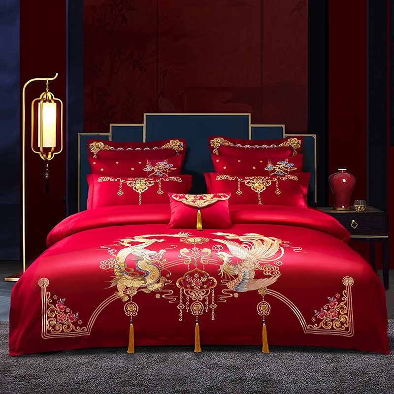 

Pure Red Loong Phoenix Embroidery Bedding Set Luxury Chinese Wedding 100% Cotton Duvet/Quilt Cover Bed Sheet Pillowcases