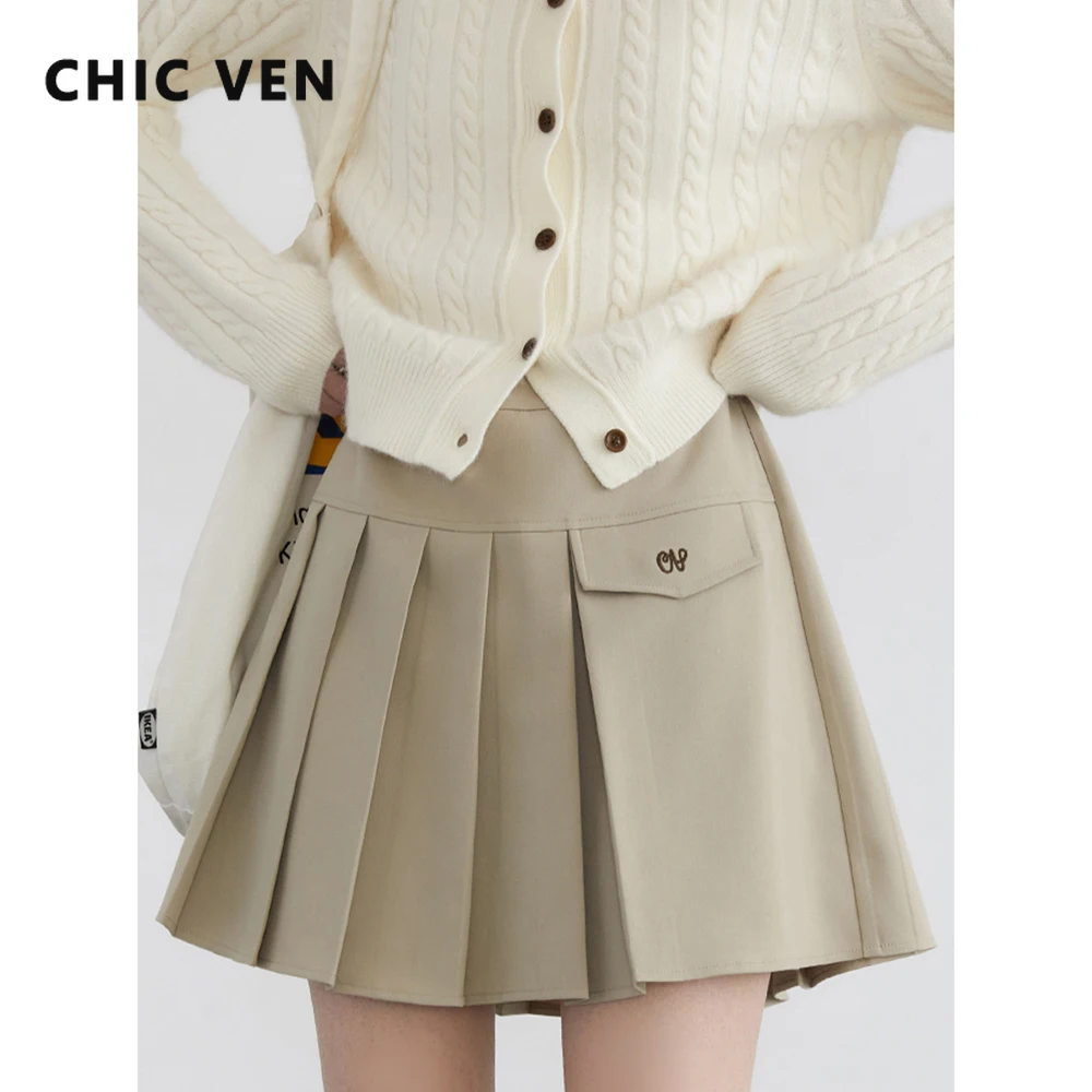 

CHIC VEN Women Skirts Solid New High Waist Embroidered Asymmetric Female A-line Pleats Short Skirt Spring Autumn 2024