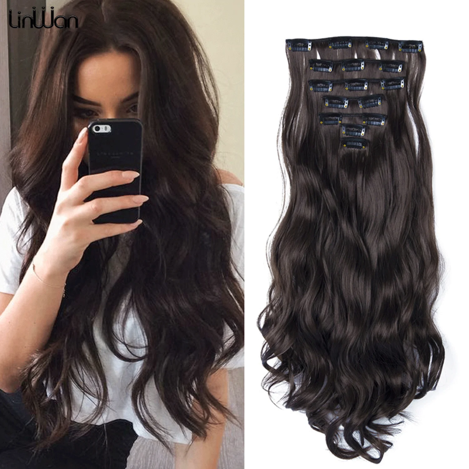 

22inch Ombre Long curly Hair Extension 7pcs/set 16 Clips High Tempreture Synthetic Hairpiece Clip in Hair Extensions LINWAN