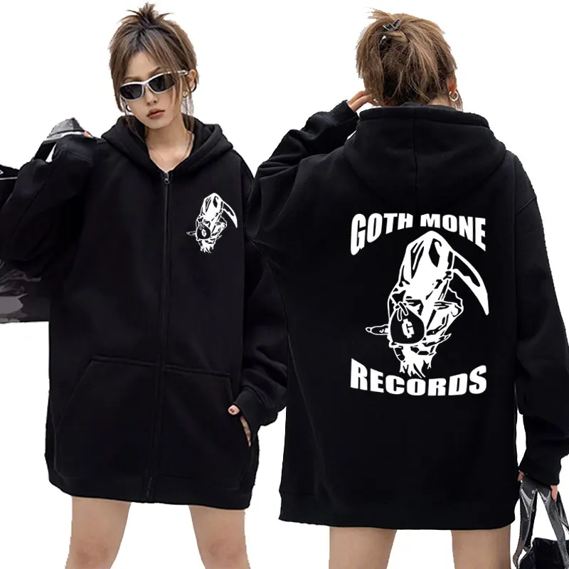 

Goth Money Records Skull Graphic Zipper Hoodie Male Hip Hop Vintage Oversized Zip Up Jacket Men Rock Gothic Zipper Sweatshirt