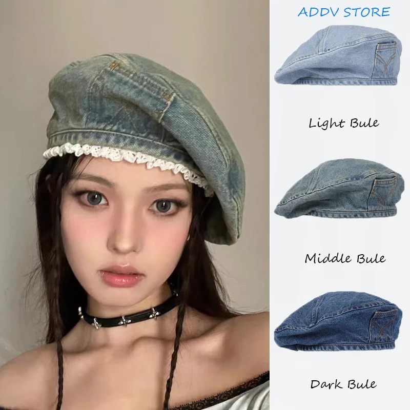 

Vintage Beret for Women - Summer Korean Lace Denim Painter Hat with Versatile Head Circumference and Octagonal Cap Gorras Hombre
