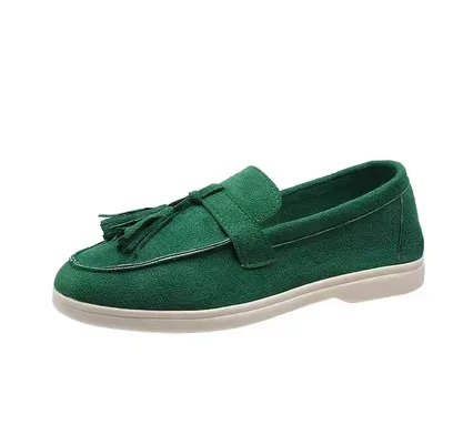 Womens Flock Thick Bottom Driving Shoes Round Toe Flock Tassel White Sole Soft Moccasines In Green Black Wide Fits Slip-On 35-45 Womens Flock Thick Bottom Driving Shoes Round Toe Flock Tassel White Sole Soft Moccasines In Green Black Wide Fits Slip-On 35-45