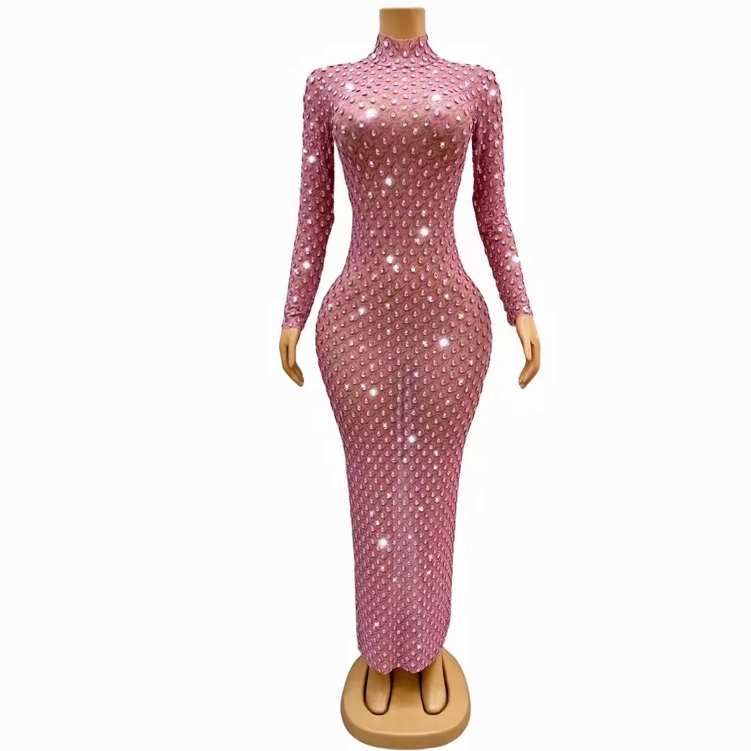 

Luxurious Full Pink Stones Dress EveningBirthday Celebrate Rhinestones Outfit LongSleeves Party Rhinestones Costume zijing