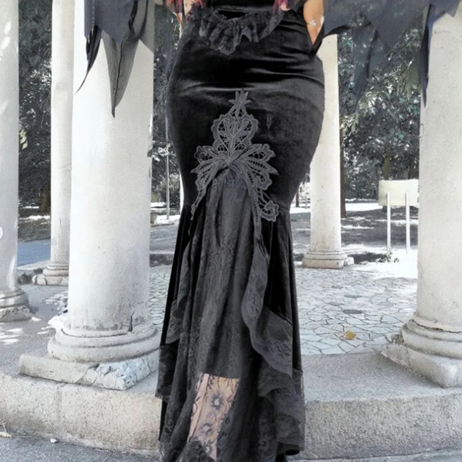 

Y2K Gothic Dark Velvet Dress Women Vintage Lace Patchwork Trumpet Skirt Fairycore Grunge Streetwear Partywear Emo Alt Skirts