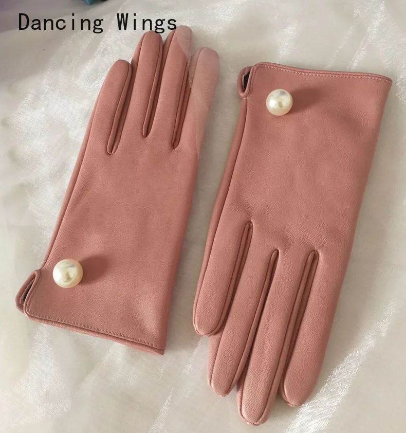

Women's Ladies 100% Real Leather Sheepskin Winter Warm Gloves Big Pearls Design Female Touch Screen Gloves Mittens