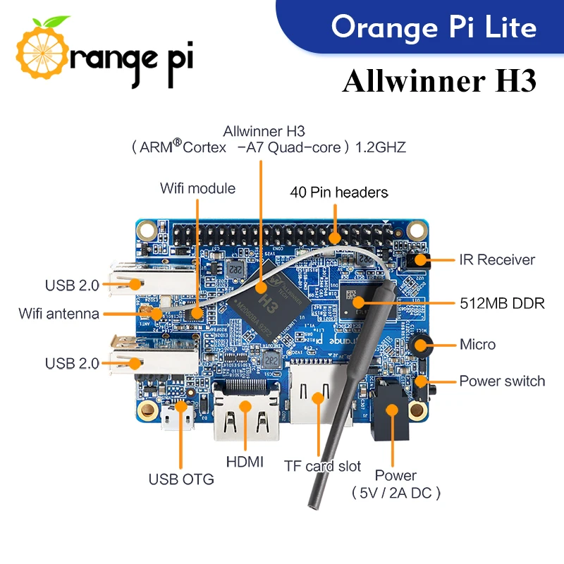 

Orange Pi Lite + черный + блок питания Allwinner H3 1 ГБ ОЗУ, один компьютер работает на базе Android 4,4 Ubuntu Debian OS, демонстрационная плата