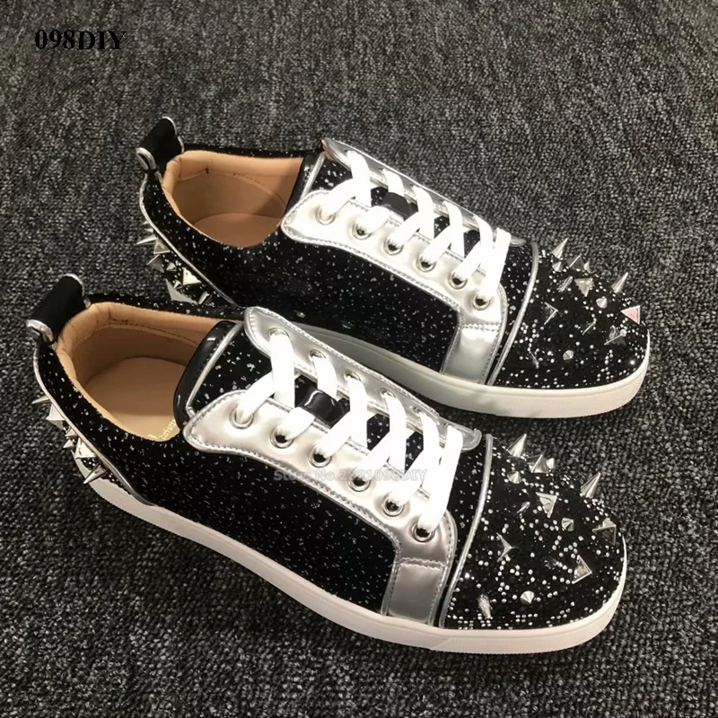 

Silvery Rivet Round Toe Men Lace Up Flats Casual Shoes Low Top Bling Bling Sneakers Bottom Zapatillas Hombre Plus Size 35-47