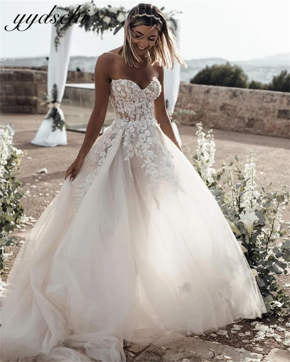 

Elegant Strapless Appliques Lace Tulle Sweetheart Neck 2024 Wedding Dresses for woman Court Train Bridal Gowns Vestidos De Noiva