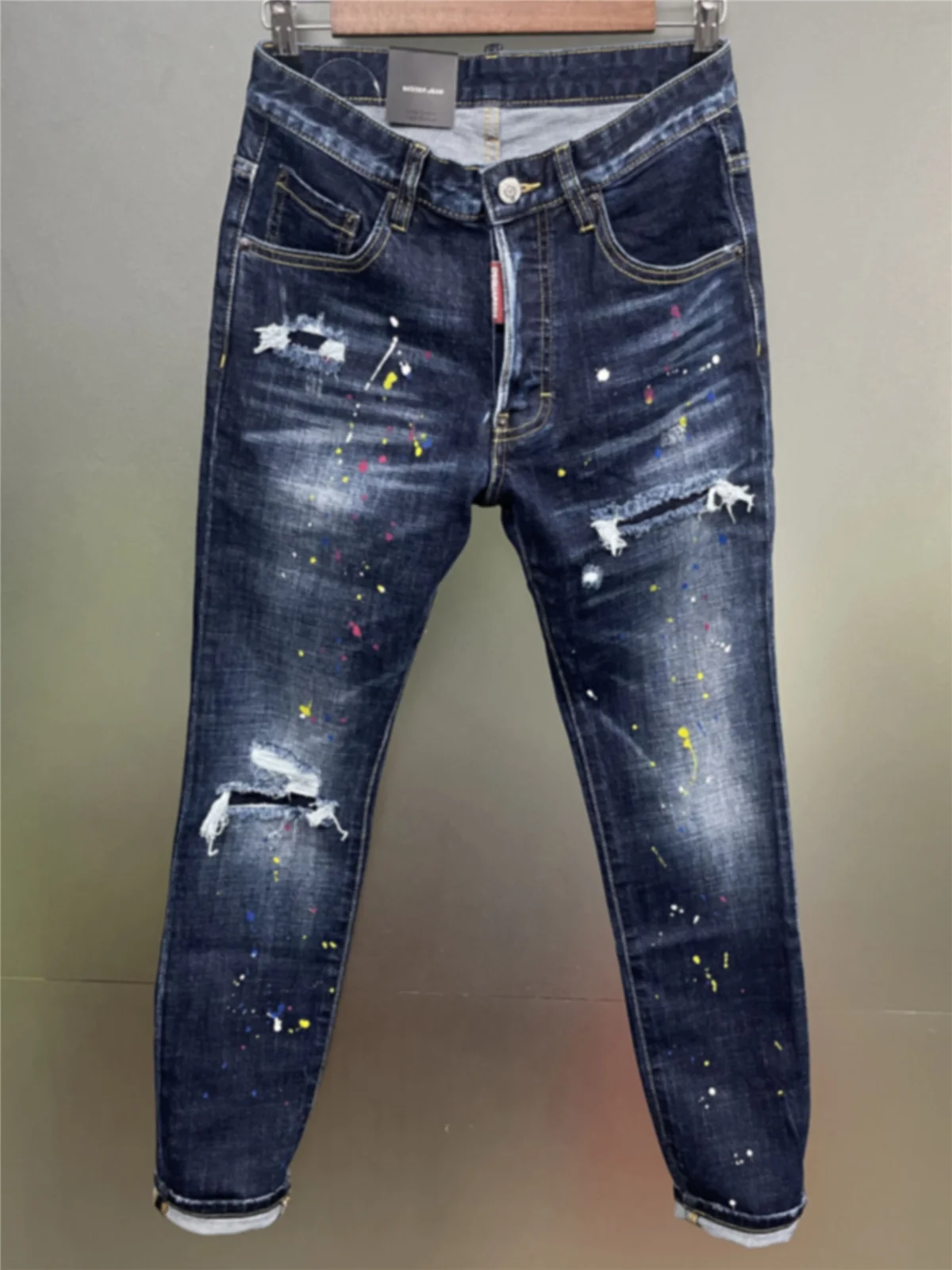 

2024 Spring/Summer New D2 Jeans Trendy Men's Washed and Worn Hole Patches Painted Slim Fit Small Feet Black Denim Pants Men's