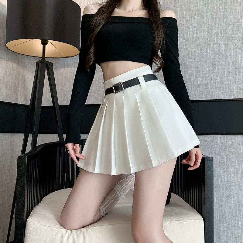 

White Women Pleated Skirts Spring Summer Belted High Waist Girls JK Mini Skirt Black Fashion Student A Line Kawaii Faldas Mujer