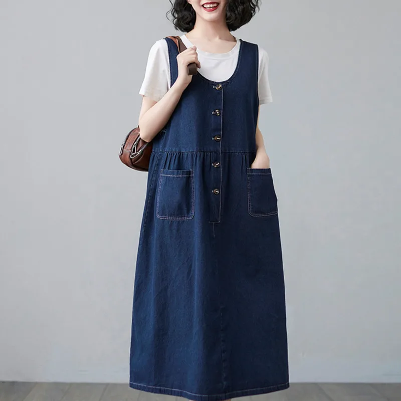 #2756 Blue Denim Tank Top Dress Women Sleeveless A-line Dress Women Single Breasted Pockets Loose Vintage Midi Dress High Waist
#2756 Blue Denim Tank Top Dress Women Sleeveless A-line Dress Women Single Breasted Pockets Loose Vintage Midi Dress High Waist