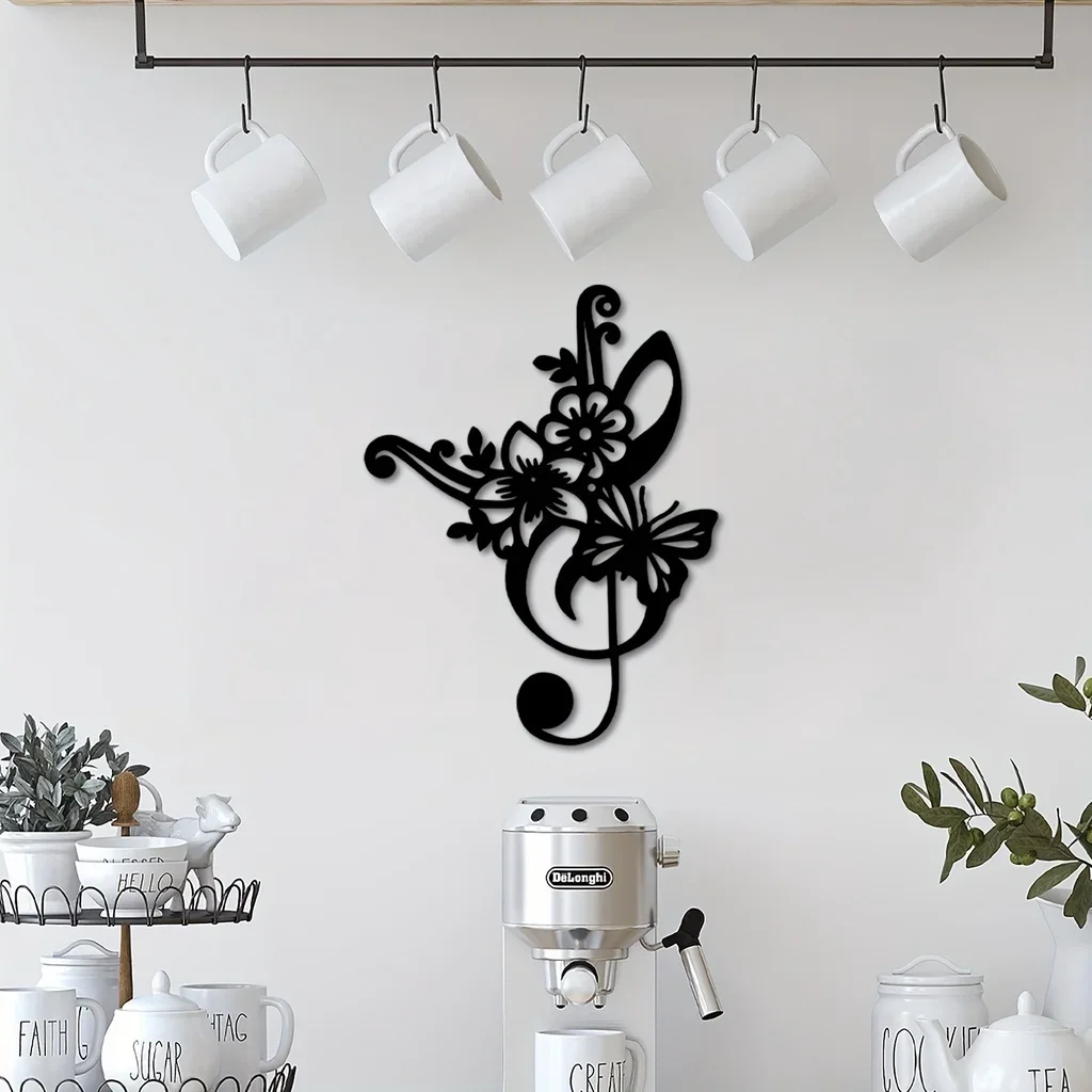 

Music Notes Flower Wall Decor Metal Wall Art , Black Wall Signs Hanging Sculpture for Kitchen Garden Housewarming Gift Christmas