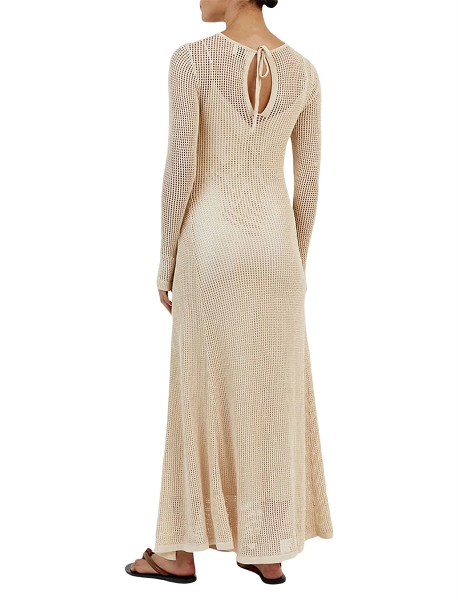 

Женское сексуальное пляжное Прозрачное Платье макси с длинным рукавом, вязаное крючком летнее платье, облегающее длинное платье