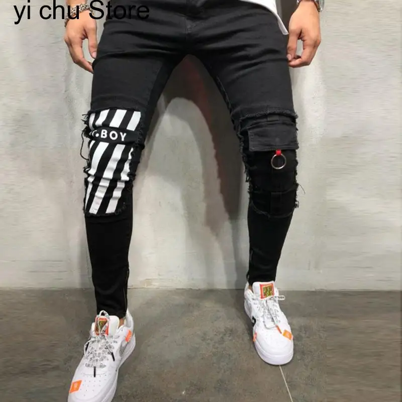 

New Cool Designer Brand Pencil Jeans Skinny Ripped Destroyed Stretch Slim Fit Hop Hop Pants With Holes For Men Printed Jeans