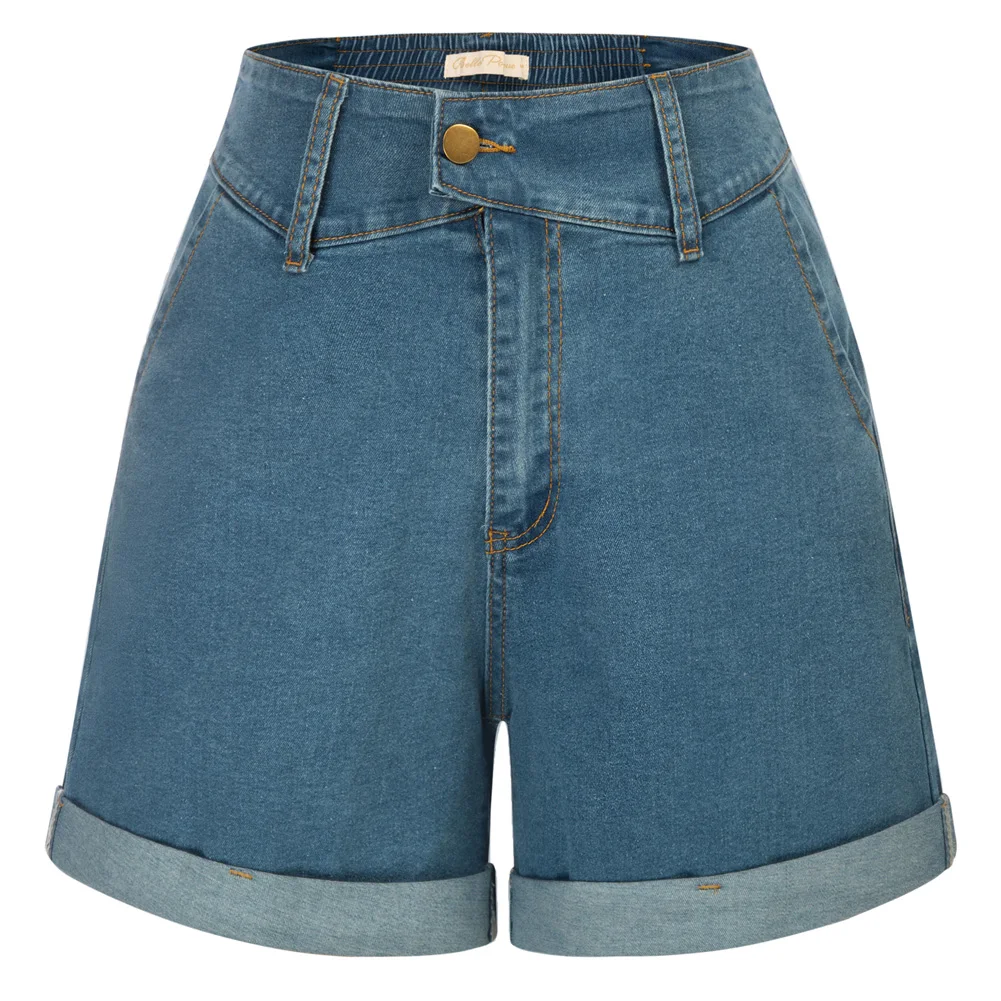 

BP Women Vintage Jean Shorts Elastic High Waist Fold Over Leg Opening Shorts Summer Bermuda Shorts Wide Leg Shorts With Pockets