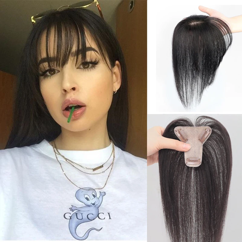 

12 inch Black Brown T Part Human hair Air Bangs Natural Hairpieces Hair Women Bang Hair Clips For Extensions Toupee