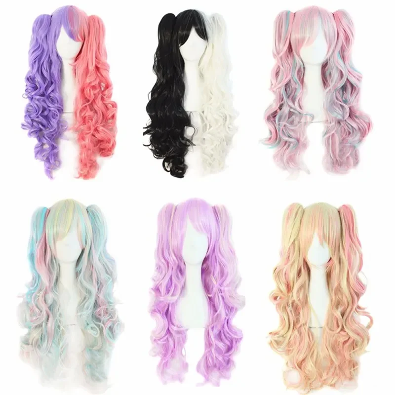 

Парик для конского хвоста с двумя зажимами, волнистые длинные парики для женщин, парик из синтетических волос для косплея с челкой, розовый, фиолетовый, синий, черный