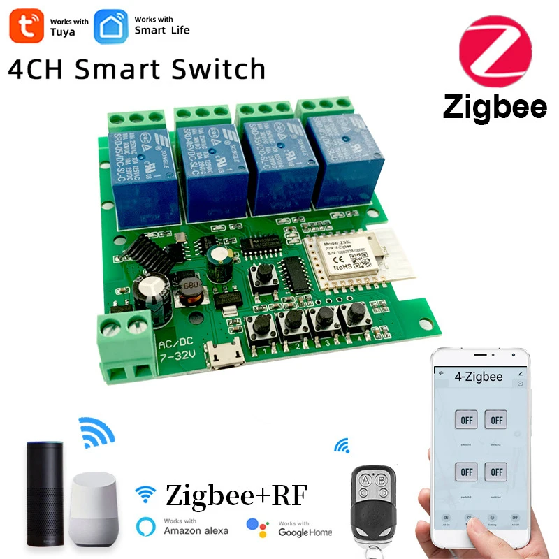4CH Zigbee Smart Light Switch Module DC 5/12/32V RF433 Receive 10A Relays Work with Alexa Google Assistant Tuya Smart Life APP
4CH Zigbee Smart Light Switch Module DC 5/12/32V RF433 Receive 10A Relays Work with Alexa Google Assistant Tuya Smart Life APP