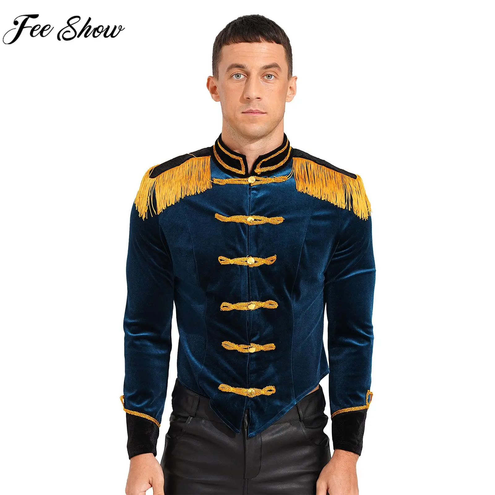 

Men Halloween Circus Ringmaster Cosplay Costume Stand Collar Fringed Velvet Jacket Coat for Theme Party Carnival Prince Roleplay