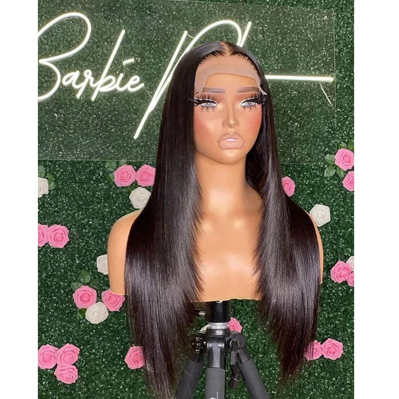 

Soft Long Glueless Preplucked 26Inch 180% Density Black layered hair Silky Straight 13*4 Lace Front Wig With Baby Hair Fiber