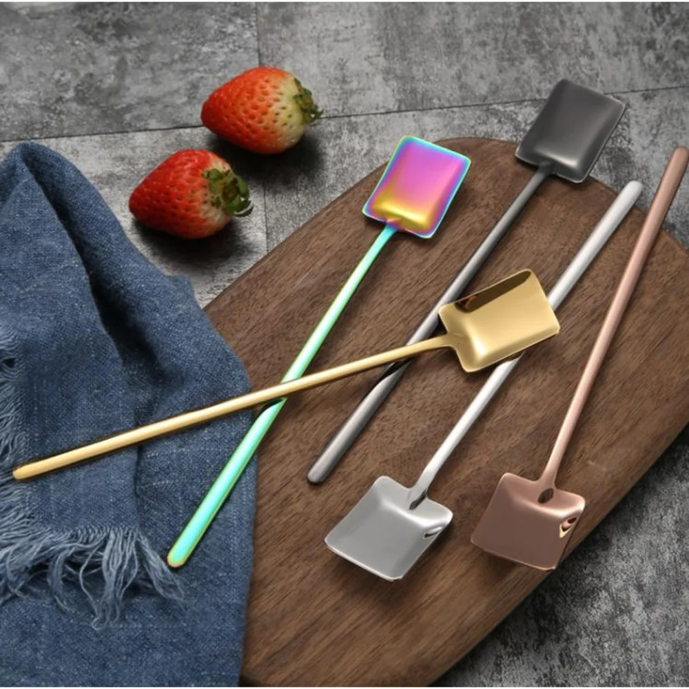 

Long Handle Stainless Steel Coffee Spoon Square Shovel Stirring Scoop Dessert Flatware Milk Tea Tools Cafe Kitchen Supplies