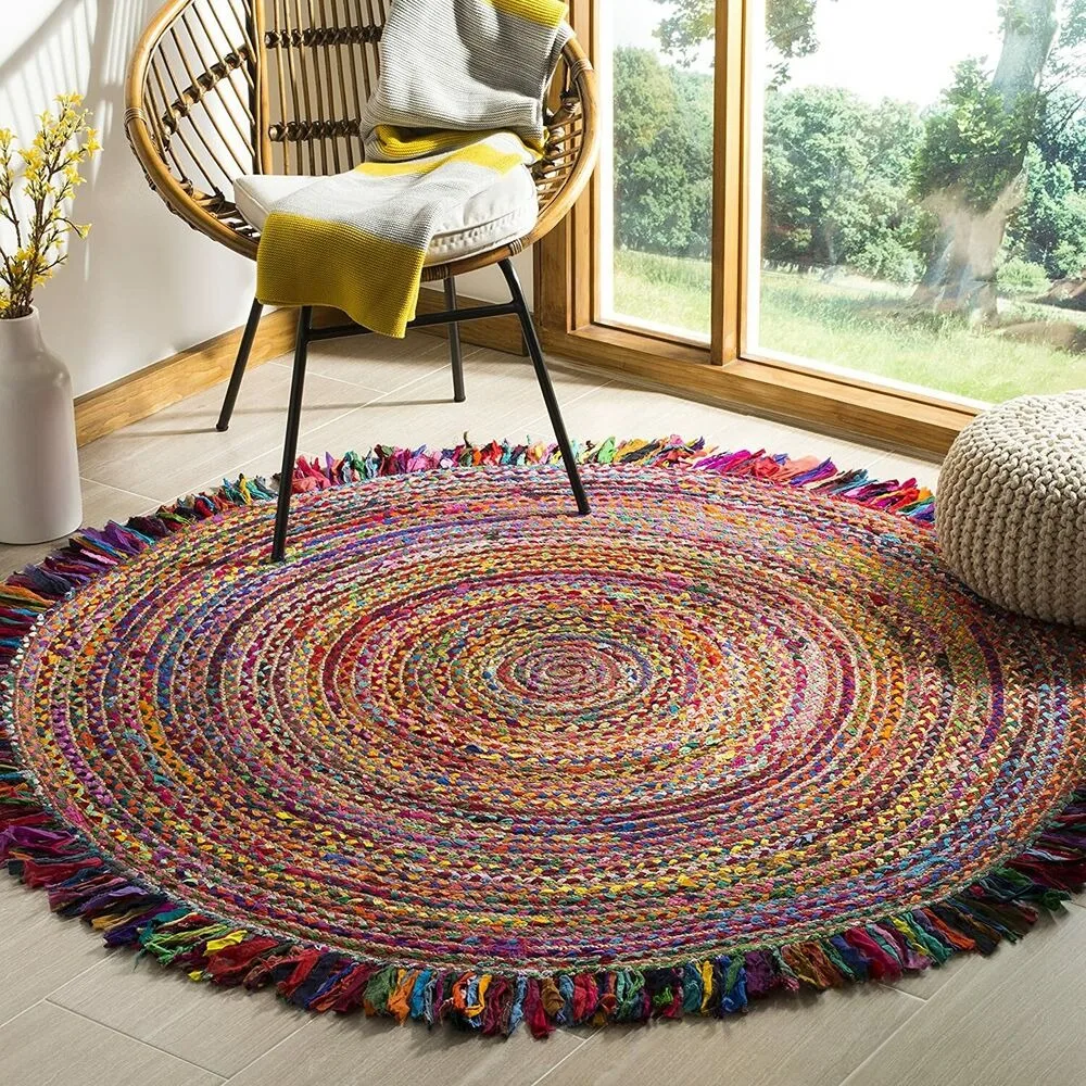 

Round Rug Jute Cotton Colored Tassels Carpet Living Room Handmade Rustic Hallway Floor Mat Modern Bedroom Area Rug Home Decor